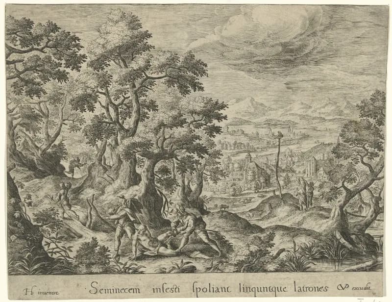 Landschappen met scènes uit de gelijkenis van de barmhartige Samaritaan by Crispijn van de Passe depicting Luke 10