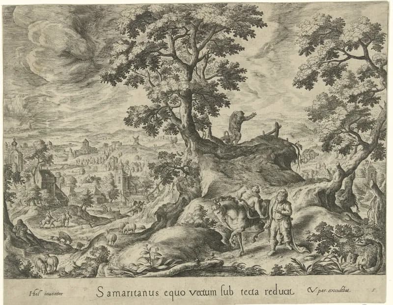 Landschappen met scènes uit de gelijkenis van de barmhartige Samaritaan by Crispijn van de Passe depicting Luke 10