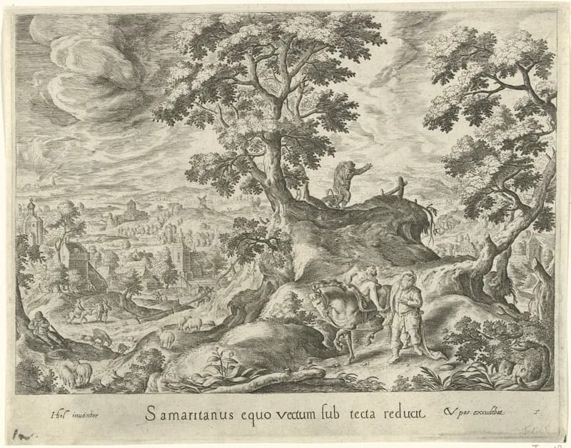 Landschappen met scènes uit de gelijkenis van de barmhartige Samaritaan by Crispijn van de Passe depicting Luke 10