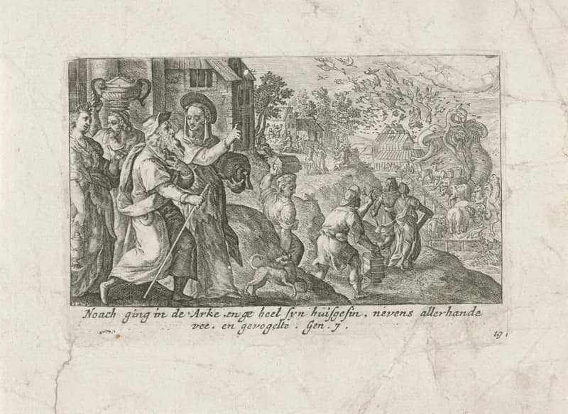Noach gaat met zijn familie en de dieren aan boord van de ark by Crispijn van de Passe depicting Genesis 7