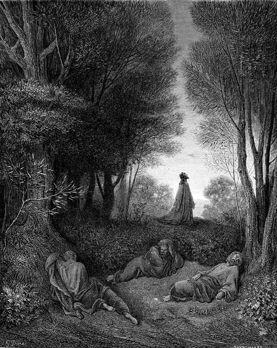 Jesus Praying in the Garden by Gustave Doré depicting Matthew 26:36