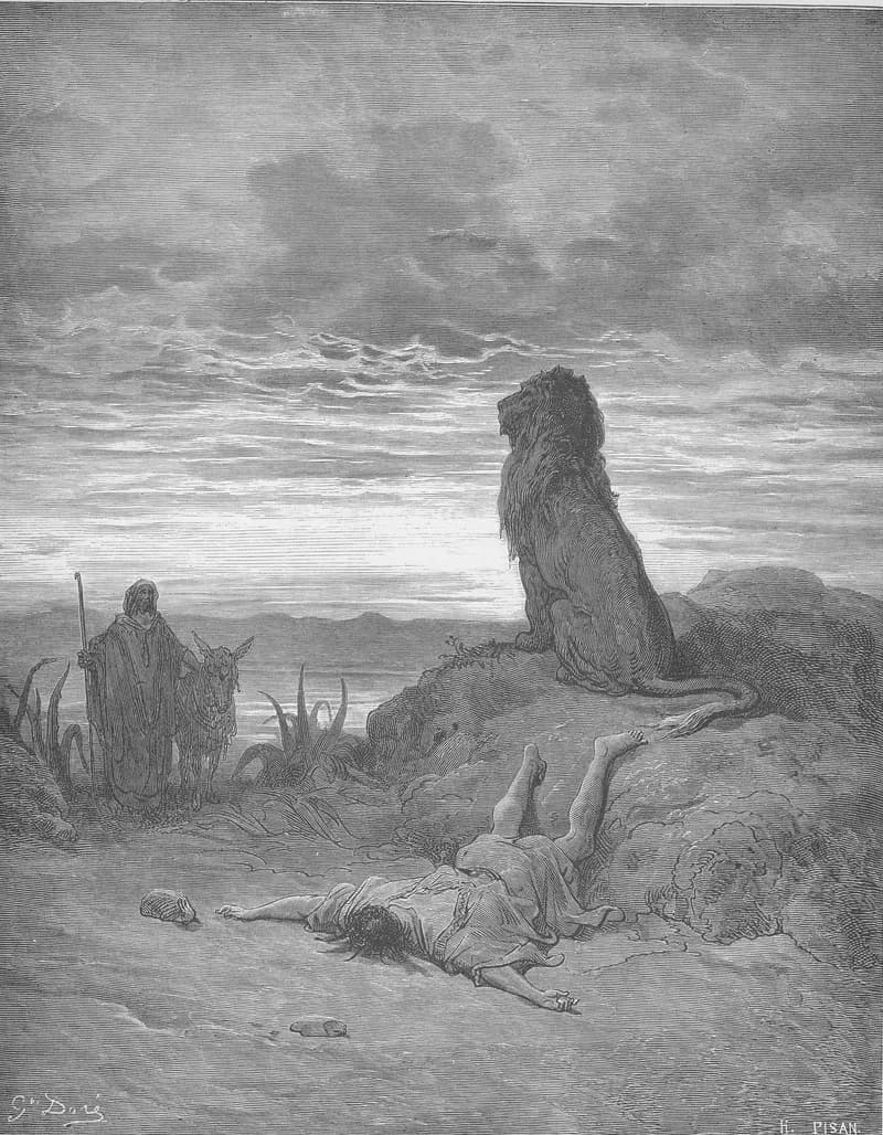 The Disobedient Prophet Is Slain by a Lion by Gustave Doré depicting 1 Kings 13:20