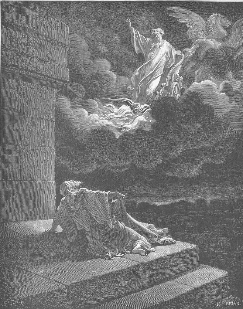 Elijah Ascends to Heaven in a Chariot of Fire by Gustave Doré depicting 2 Kings 2:11