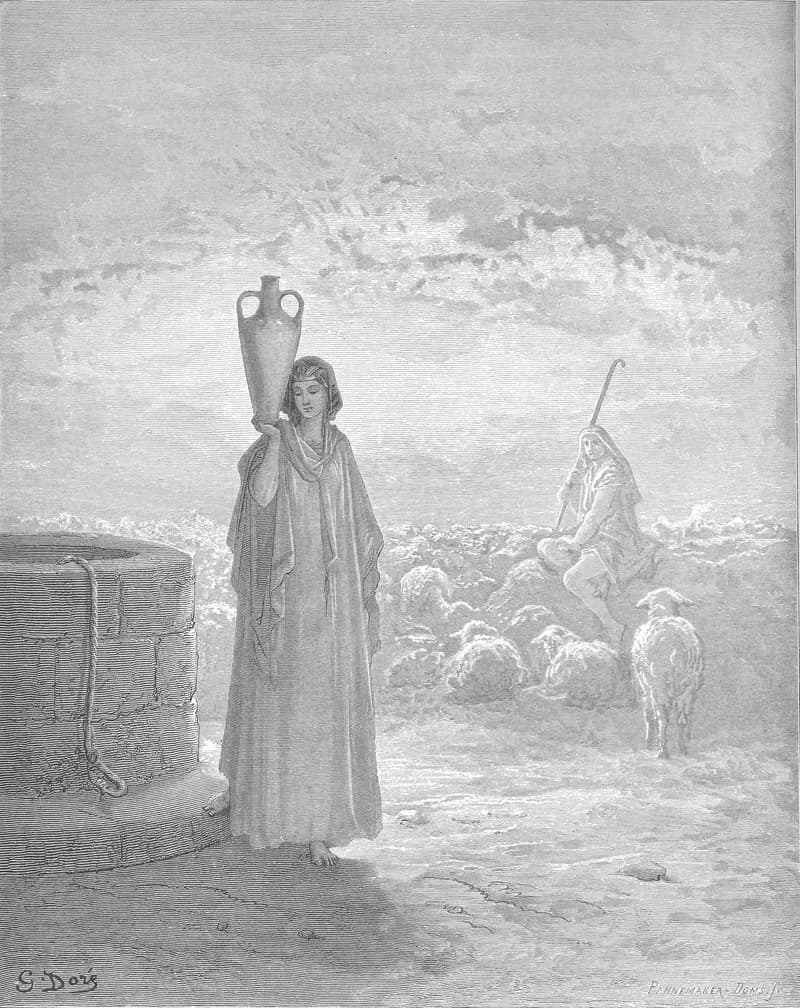 Jacob Tends Laban's Flocks and Meets Rachel by Gustave Doré depicting Genesis 29:9