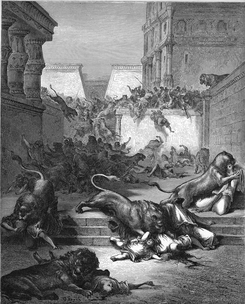 Foreign Nations Are Slain by Lions in Samaria by Gustave Doré depicting 2 Kings 17:24