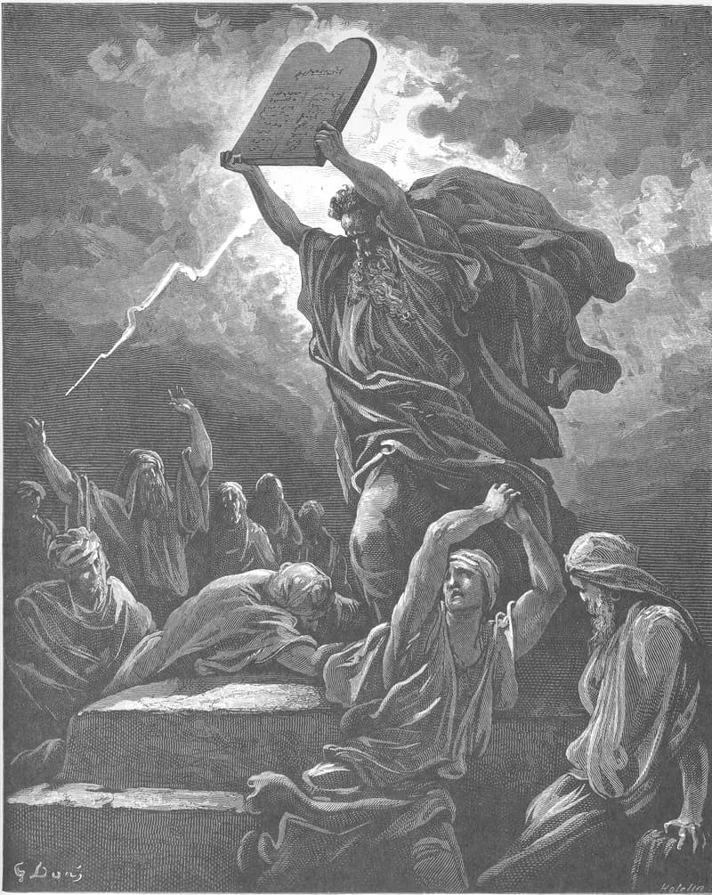 Moses Breaks the Tables of the Law by Gustave Doré depicting Exodus 32:19