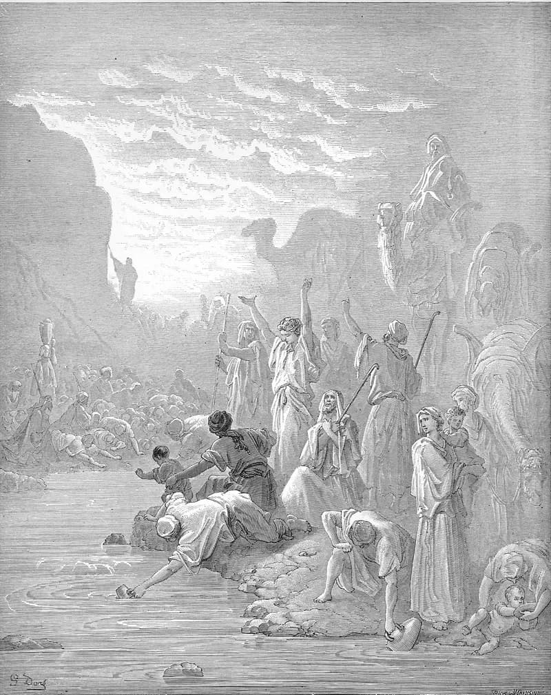 Moses Strikes the Rock at Horeb by Gustave Doré depicting Exodus 17:5
