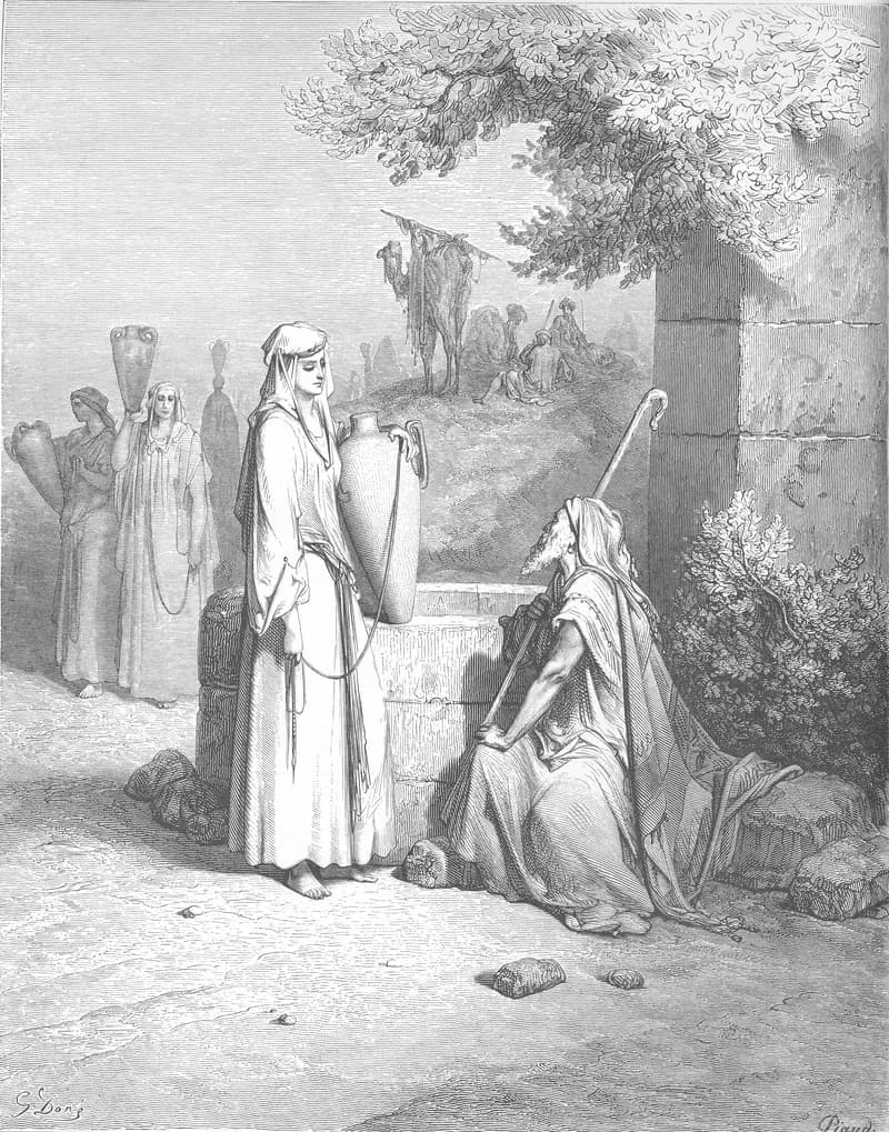 Eliezer and Rebekah at the Well by Gustave Doré depicting Genesis 24:15