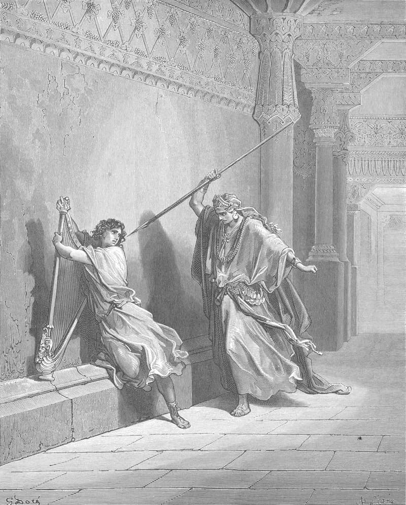 Saul Attempts to Kill David by Gustave Doré depicting 1 Samuel 19:9