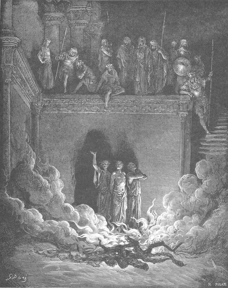 Shadrach, Meshach and Abednego in the Furnace by Gustave Doré depicting Daniel 3:19