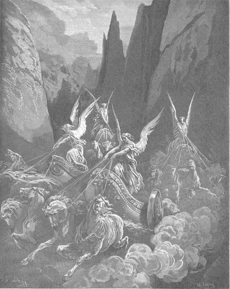 Zechariah's Vision of Four Chariots by Gustave Doré depicting Zechariah 6:1