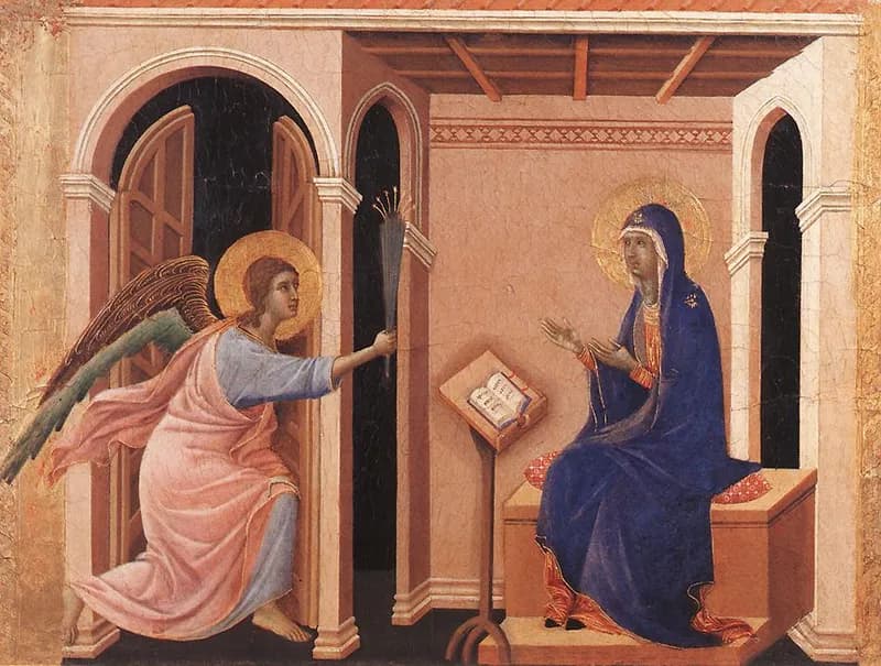 Announcement of Death to the Virgin by Duccio di Buoninsegna depicting Luke 1:48