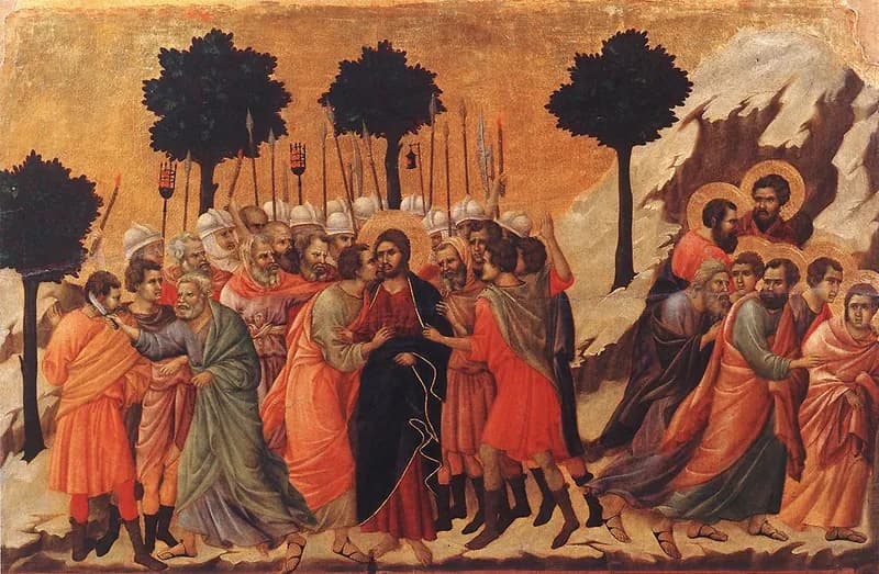 Arrest of Christ (Kiss of Judas) by Duccio di Buoninsegna depicting Matthew 26:47