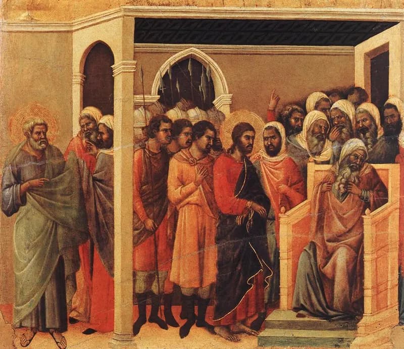 Christ before Caiaphas by Duccio di Buoninsegna depicting Matthew 26:57