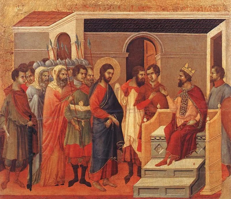 Christ before Herod by Duccio di Buoninsegna depicting Luke 23:6