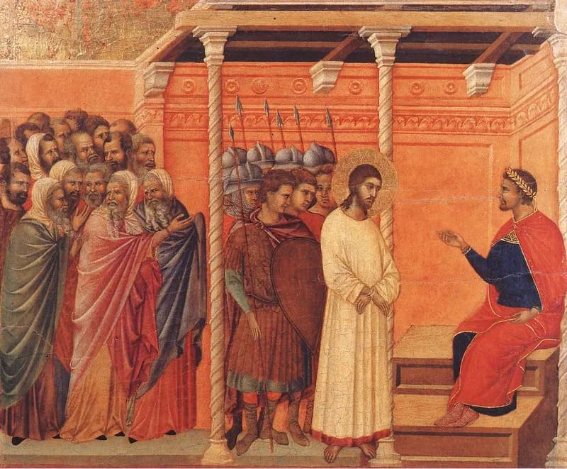 Christ before Pilate Again by Duccio di Buoninsegna depicting John 19:1