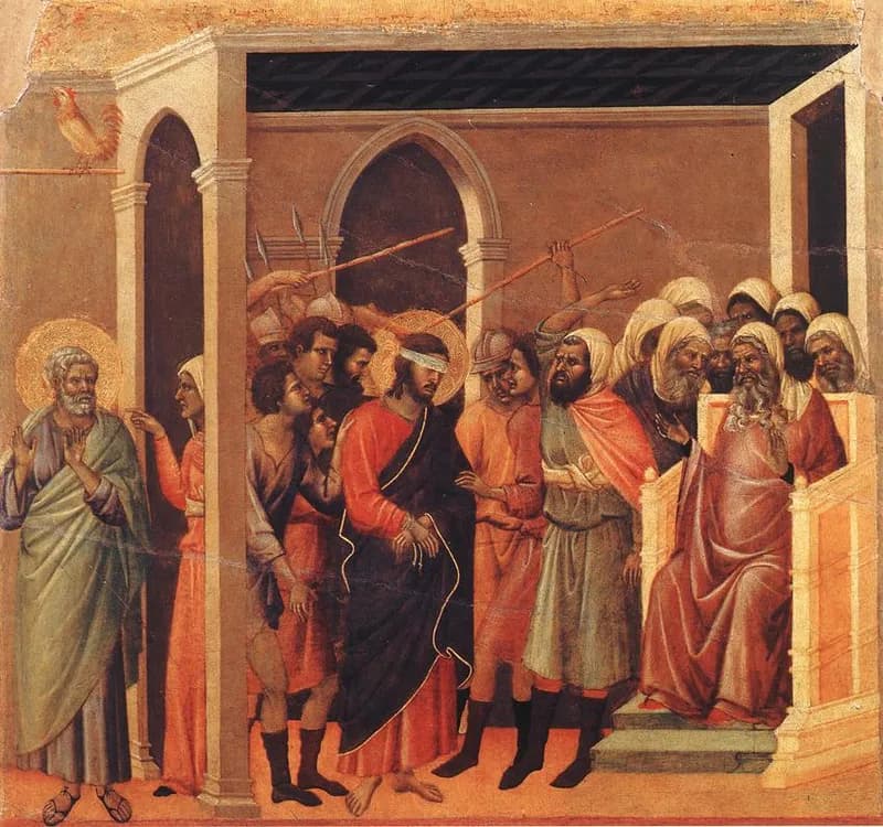 Christ Mocked by Duccio di Buoninsegna depicting Matthew 26:67
