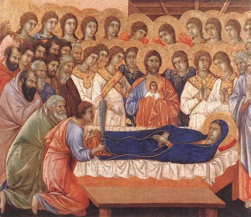 Death of the Virgin (Dormition) by Duccio di Buoninsegna depicting Luke 1:48