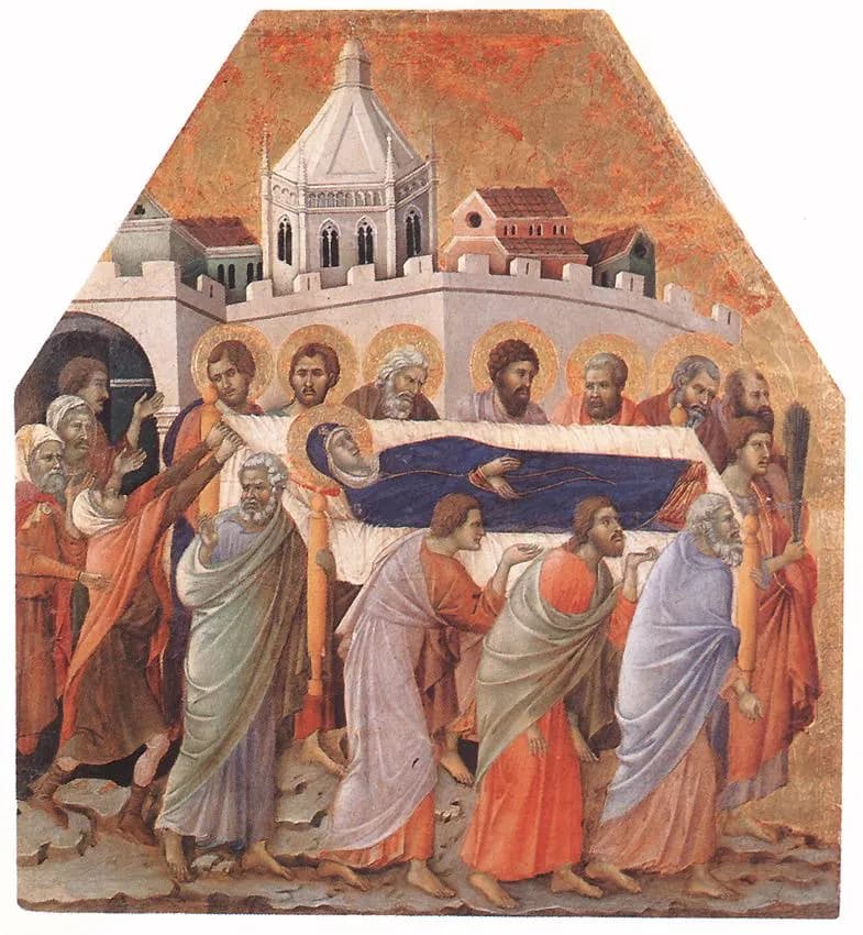 Funeral of the Virgin by Duccio di Buoninsegna depicting Luke 1:48