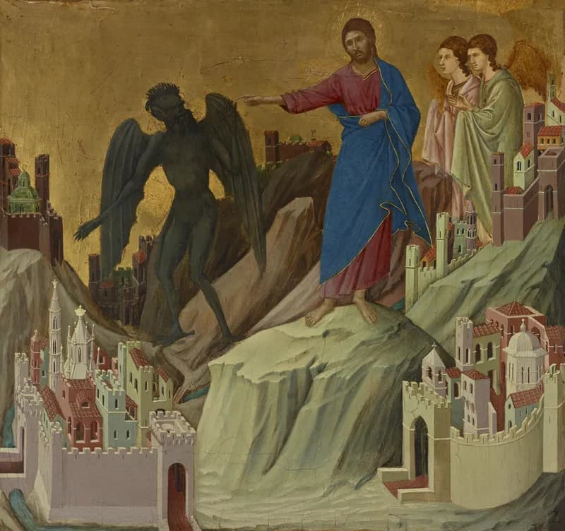 Temptation on the Mountain by Duccio di Buoninsegna depicting Matthew 4:8