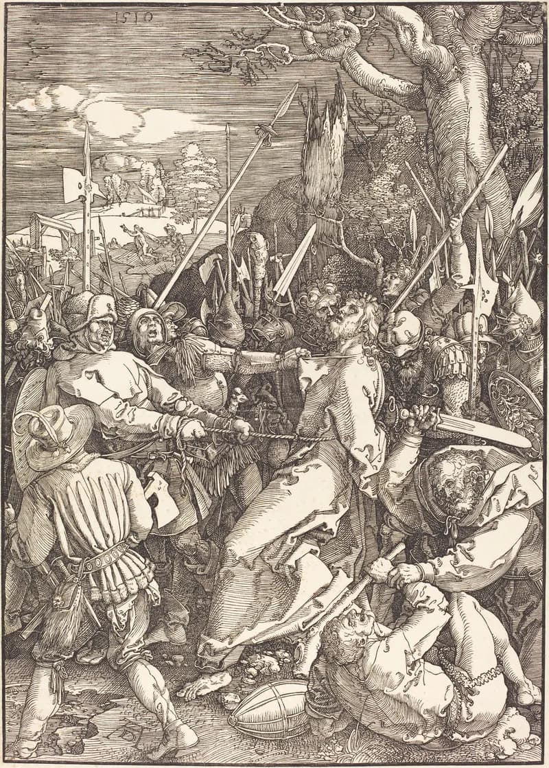 The Betrayal of Christ by Albrecht Dürer depicting Matthew 26:47
