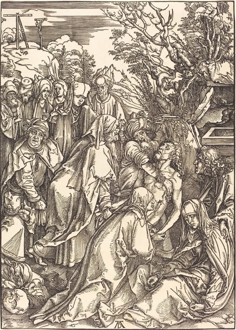 The Deposition (Entombment) by Albrecht Dürer depicting Matthew 27:59