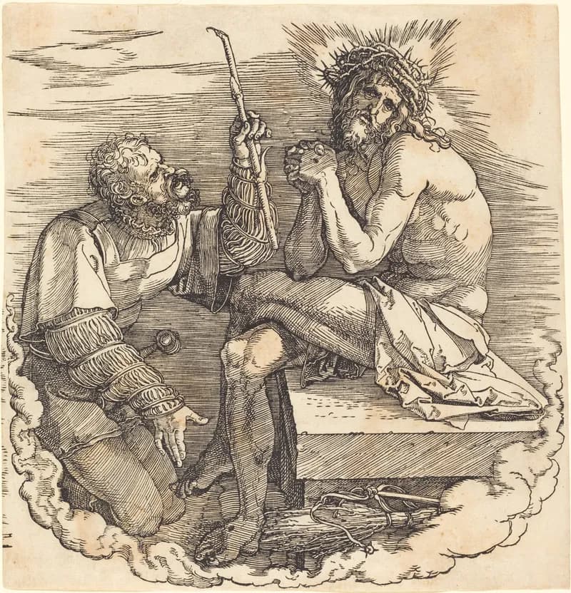 Great Passion — Title Page (Man of Sorrows Mocked by a Soldier) by Albrecht Dürer depicting Isaiah 53:3