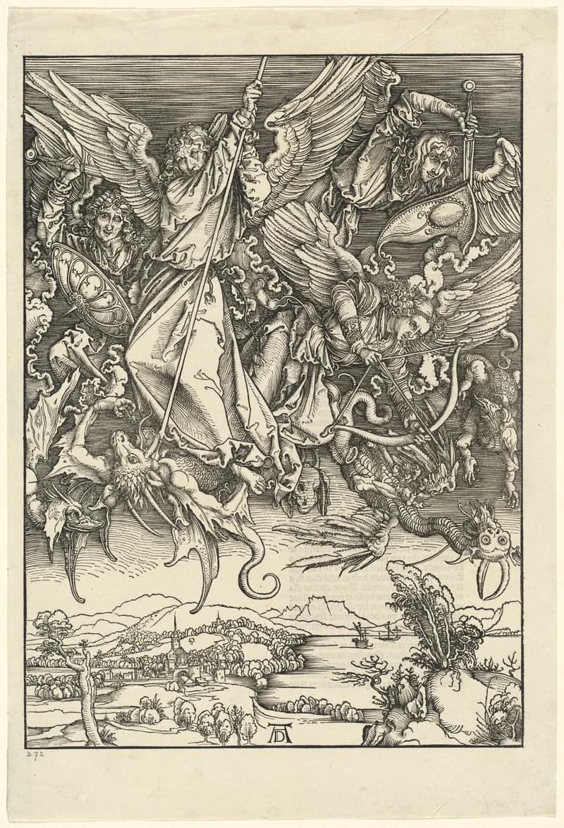 Saint Michael Fighting the Dragon by Albrecht Dürer depicting Revelation 12:7