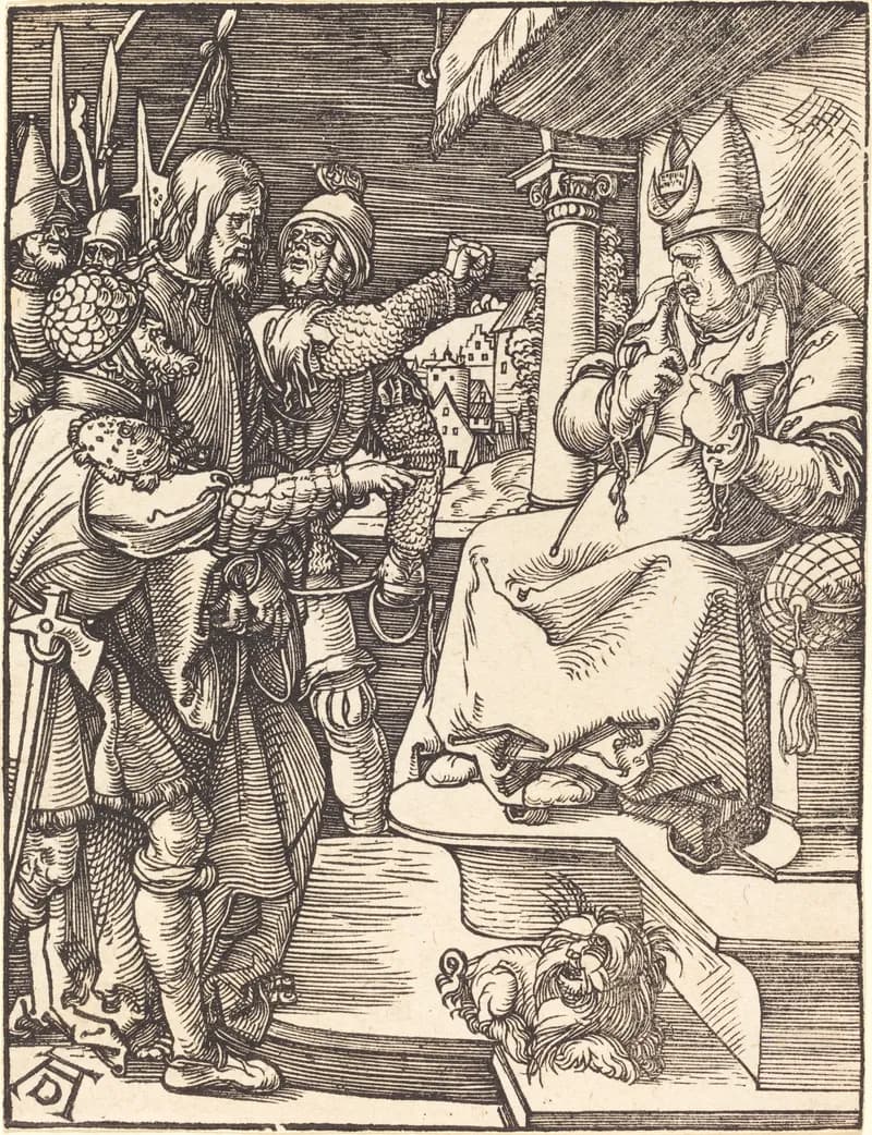 Christ Before Caiaphas by Albrecht Dürer depicting Matthew 26:57