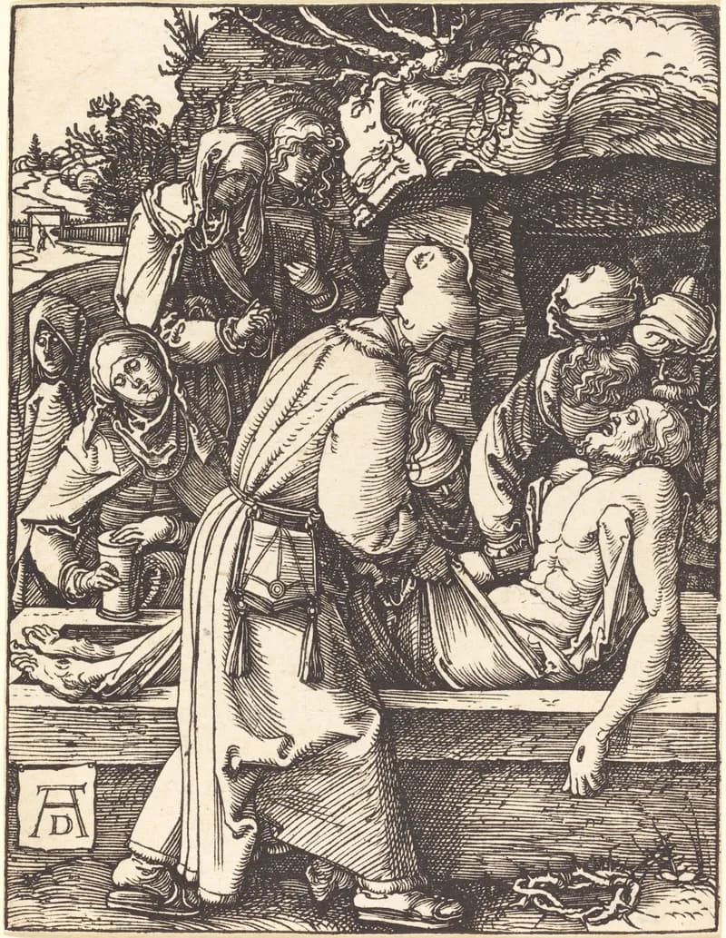 The Deposition (Entombment) by Albrecht Dürer depicting Matthew 27:59