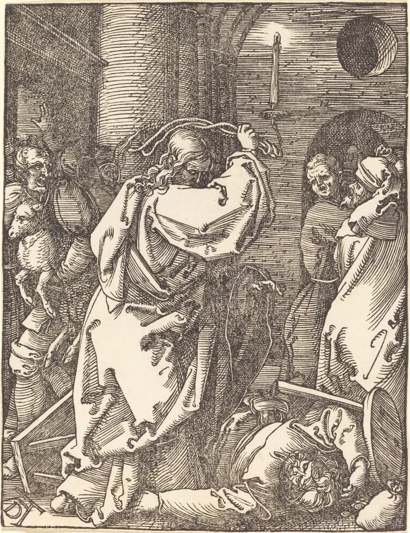 Christ Expelling the Moneychangers from the Temple by Albrecht Dürer depicting Matthew 21:12
