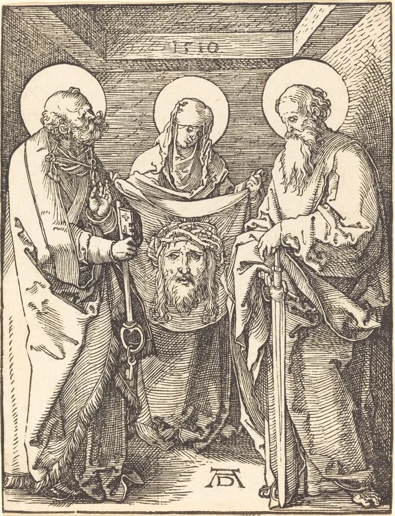 Saint Veronica Between Saints Peter and Paul by Albrecht Dürer depicting Luke 23:27