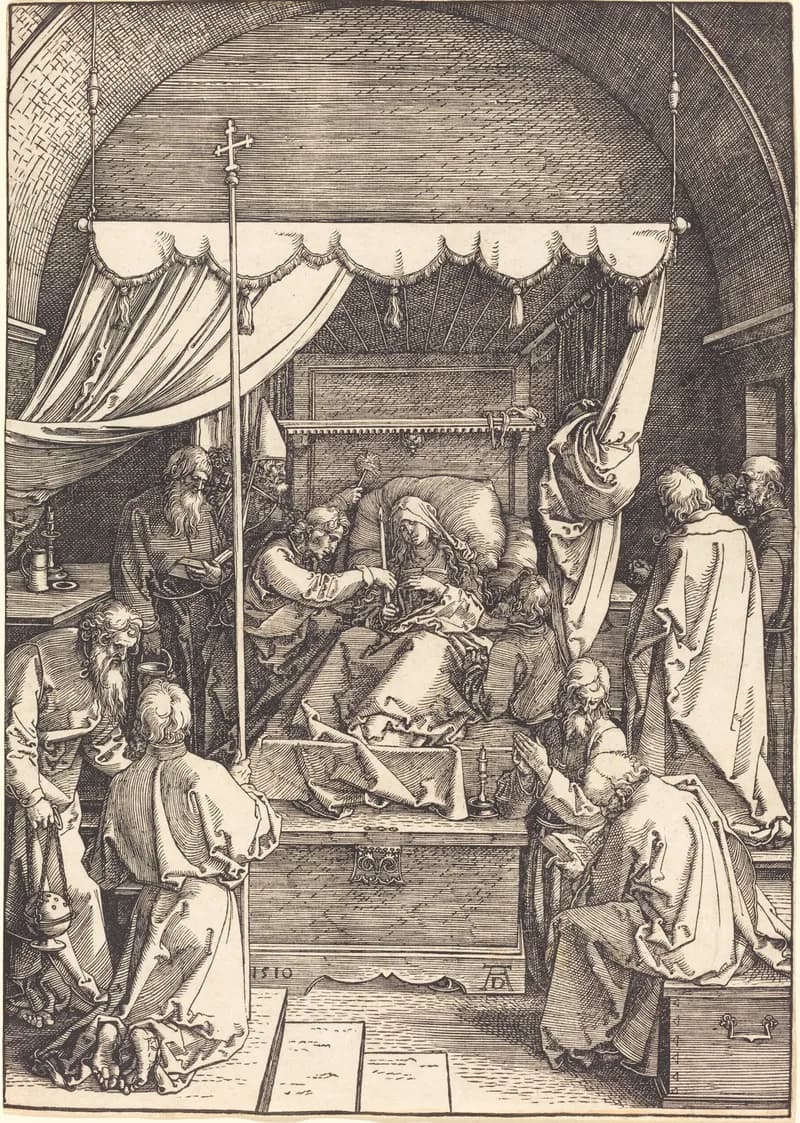 The Death of the Virgin by Albrecht Dürer depicting Acts 1:14