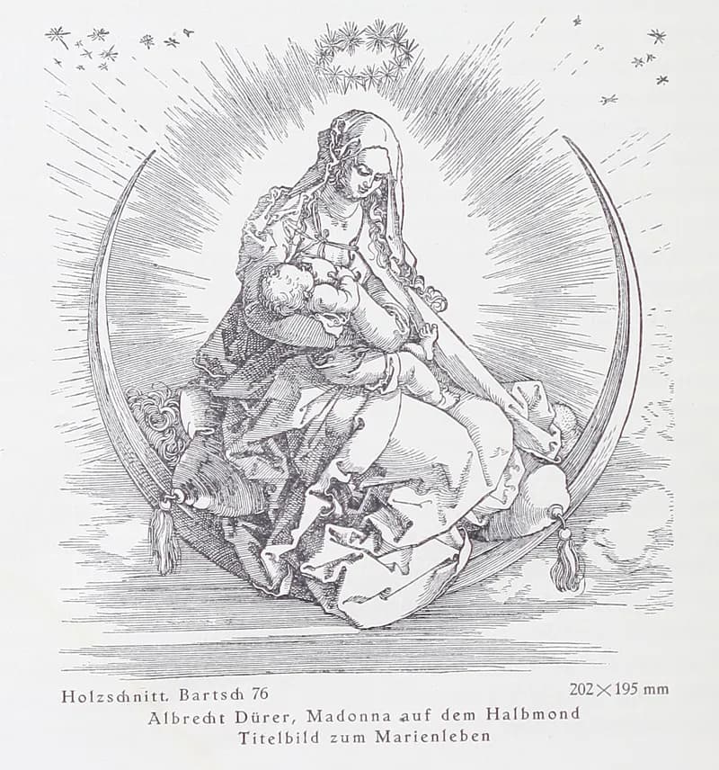 Life of the Virgin — Title Page (Madonna on the Crescent) by Albrecht Dürer depicting Revelation 12:1