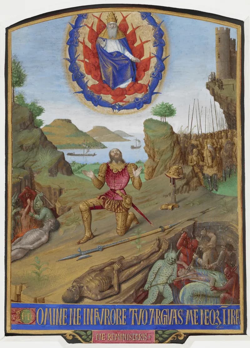 David Kneeling in Penitence (Hours of Étienne Chevalier) by Jean Fouquet depicting Psalms 51:1