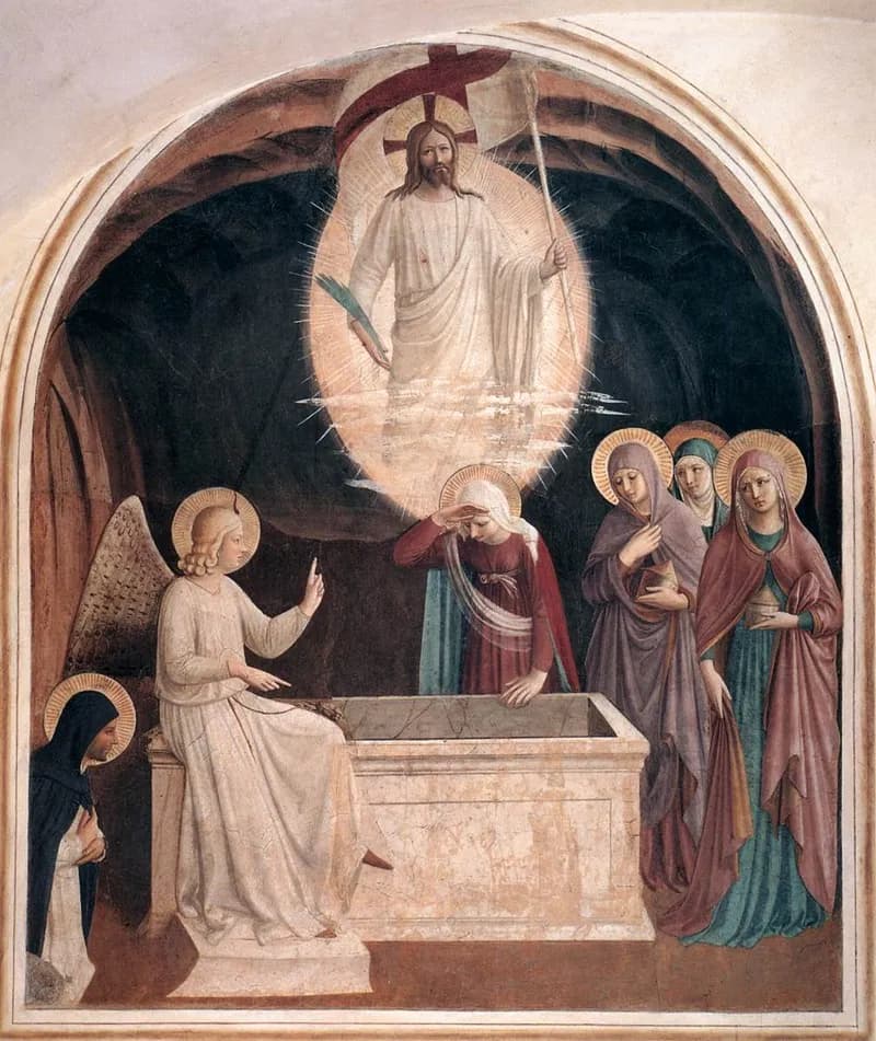 The Resurrection and the Women at the Tomb (Cell 8) by Fra Angelico depicting Matthew 28:1