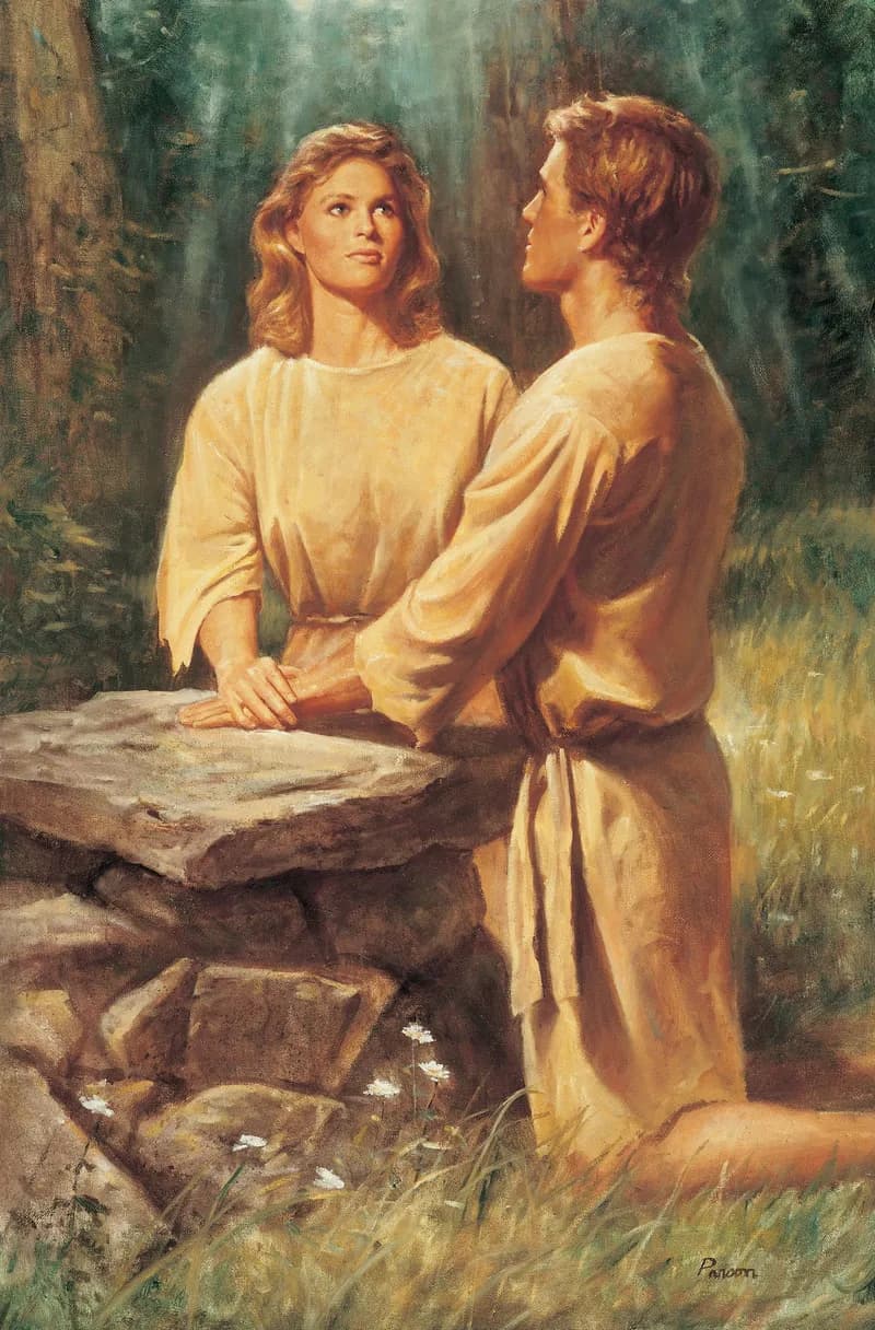 Adam and Eve Kneeling at an Altar by Del Parson depicting Genesis 4:3