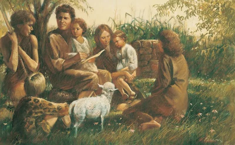 Adam and Eve Teaching Their Children by Del Parson depicting Genesis 5:1