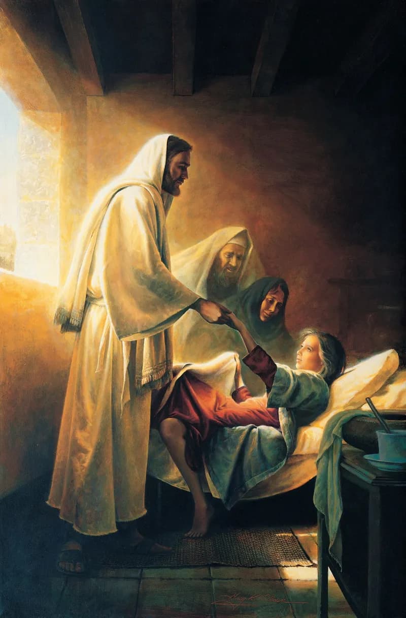 Jesus Blessing Jairus’s Daughter (Christ Raising the Daughter of Jairus) by Greg K. Olsen depicting Matthew 9:18