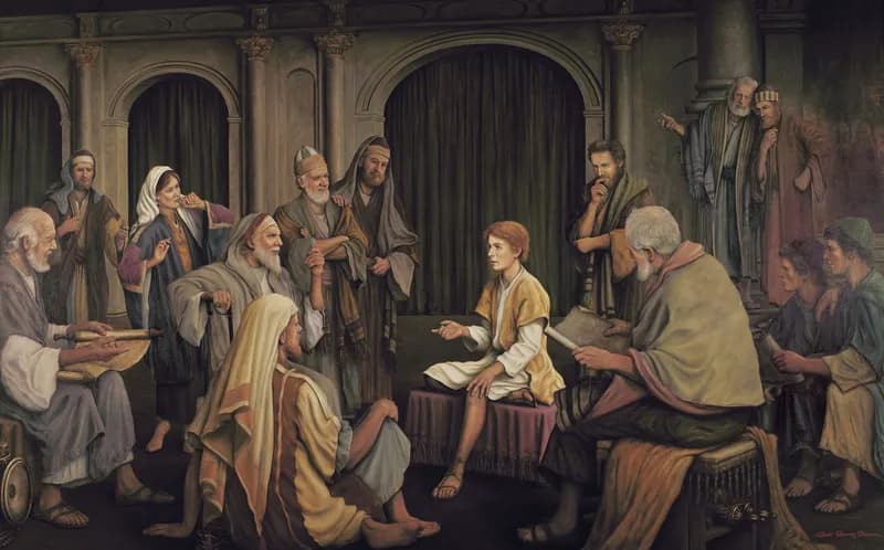 Jesus Teaching the Elders in the Temple by Grant Romney Clawson depicting Luke 2:41