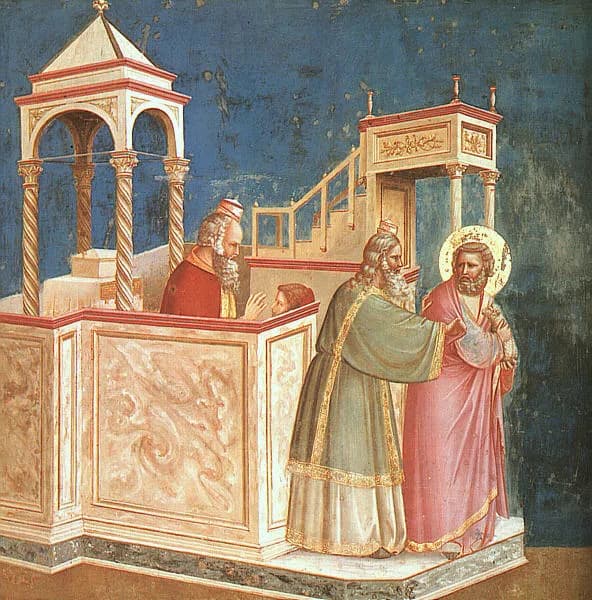 Expulsion of Joachim from the Temple by Giotto di Bondone depicting Luke 1:27