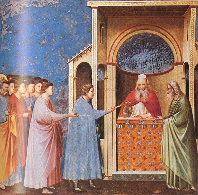 The Rods Brought to the Temple by Giotto di Bondone depicting Matthew 1:18