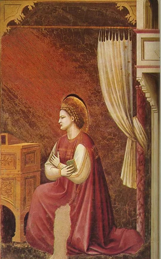 The Virgin Receiving the Message (Annunciation — Mary) by Giotto di Bondone depicting Luke 1:34