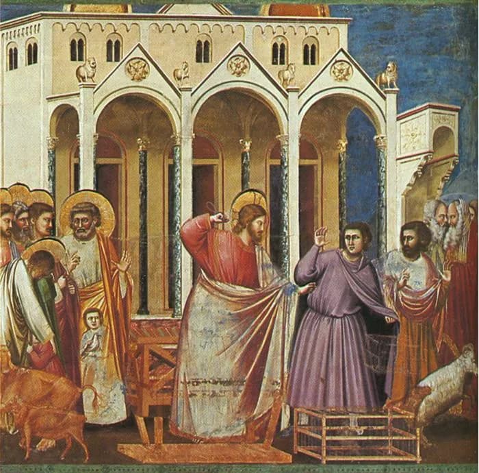 Expulsion of the Money-changers from the Temple by Giotto di Bondone depicting Matthew 21:12