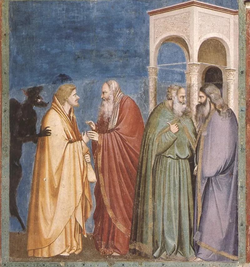 Judas Receiving Payment for his Betrayal by Giotto di Bondone depicting Matthew 26:14