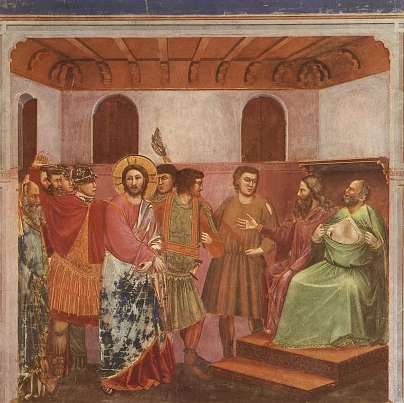 Christ before Caiaphas by Giotto di Bondone depicting Matthew 26:57