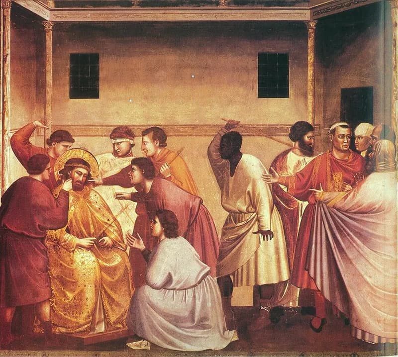 Flagellation (Mocking of Christ) by Giotto di Bondone depicting Matthew 27:26