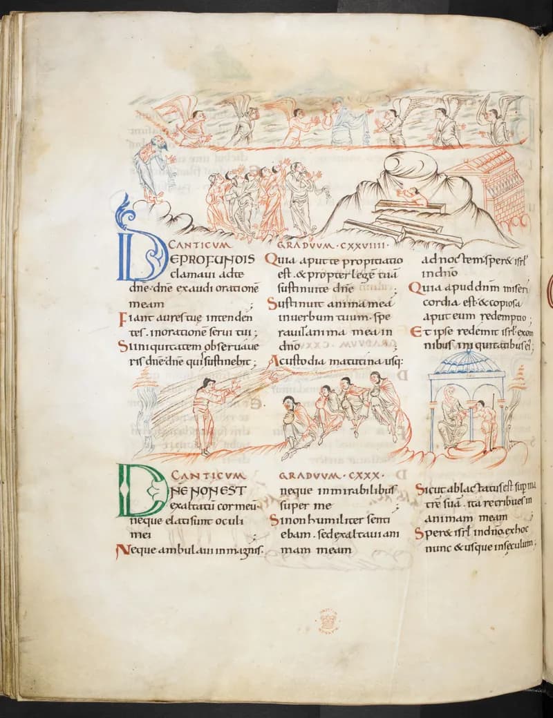 Harley Psalter, De Profundis (fol. 67v) by Master of the Harley Psalter depicting Psalms 130:1