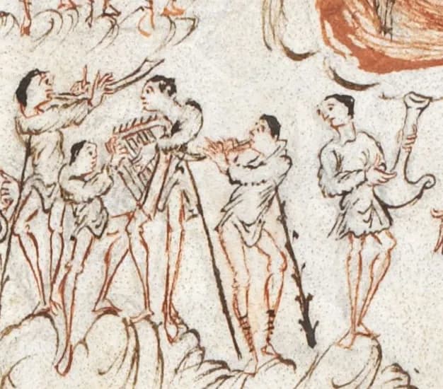 Harley Psalter, fol. 24v (musical instruments) by Master of the Harley Psalter depicting Psalms 43:1