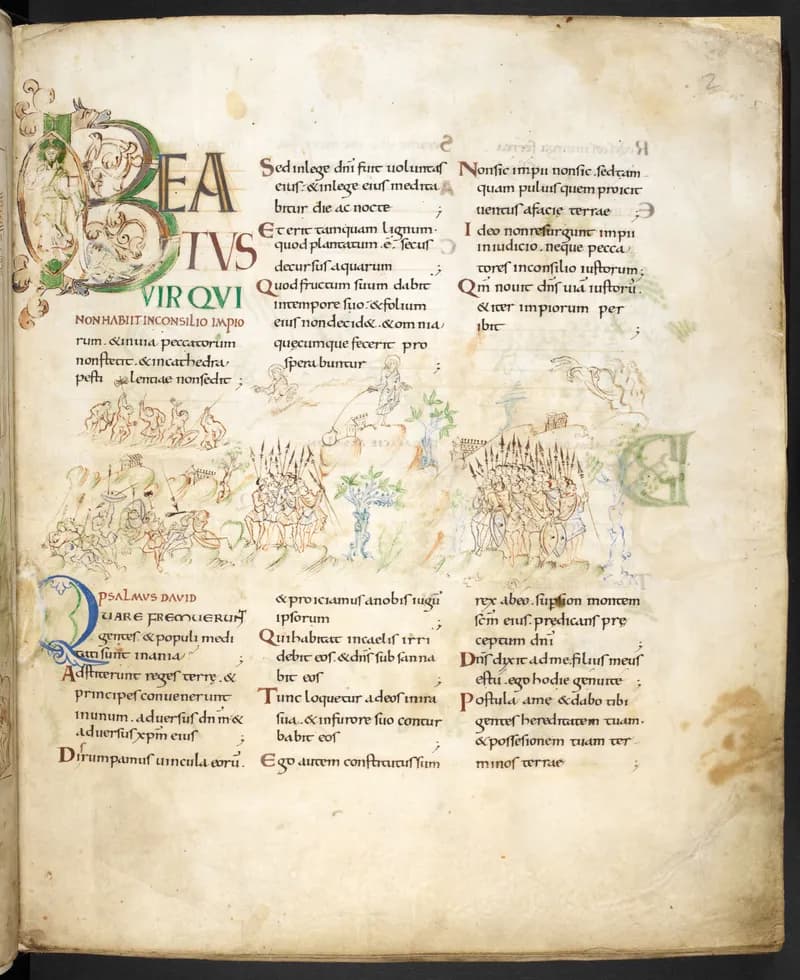 Harley Psalter, fol. 2r (Beatus Vir) by Master of the Harley Psalter depicting Psalms 1:1